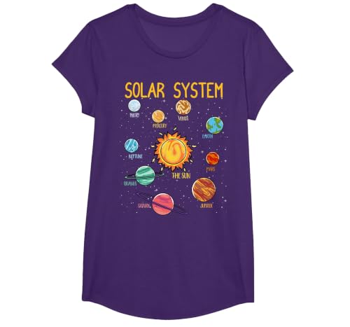 Solar System Planets Science Space Boys Girls STEM Kids T-Shirt, Girls, Purple, Large