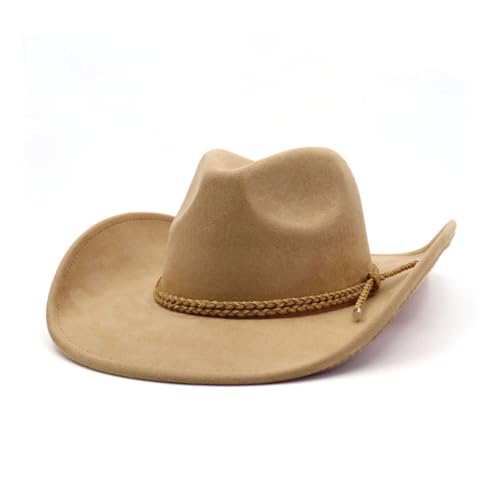 Image of Western Cowboy Hat for Women Men Wide Brim Cowboy Hat for Women with Woven Buckle Belt Suede Classic Fedora Hats