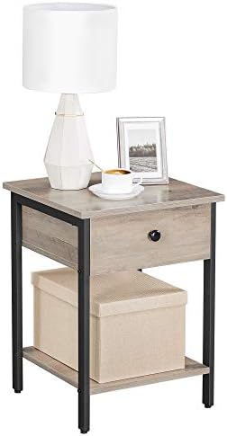 VASAGLE Nightstand, Bedside Table, Side Table with Drawer and Shelf, End Table, Bedroom, Living Room, Easy Assembly, Steel Frame, Industrial, Greige and Black LET055B02
