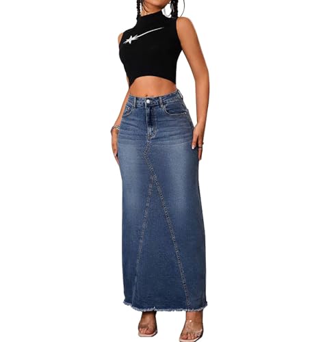 Women's Frayed Fishtail Long Denim Skirt High Waist Patchwork Wrap Hip Maxi Jean Skirts4