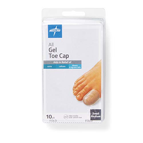 Medline All-Gel Toe Caps, Conditions and Softens Skin, Relieves Corns, Blisters and Ingrown Nails, Reusable, S/M, Pack of 10