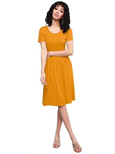 Lock and Love LL WDR2304 Women's Comfy Casual Short Sleeve Flowy Dresses Loose Plain Dress with Pockets XL Mustard