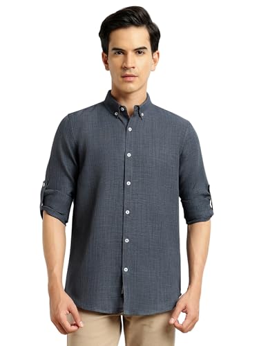 Image of Thomas Scott Men's | Solid | Textured Fabric | Full Sleeve | Slim Fit | Polyester-Blend | Spread Collar | Casual Shirt