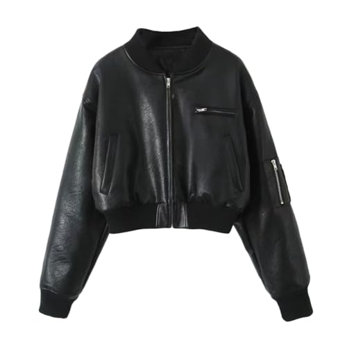 Veste courte en cuir pour femme manteau ample col rond manches longues automne