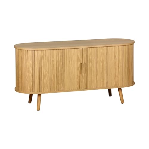 Alice's Garden sweeek - Meuble TV scandinave 2 Portes coulissantes. 4 Compartiments. décor Bois rainuré Naturel. L120 x 40 x 57 cm