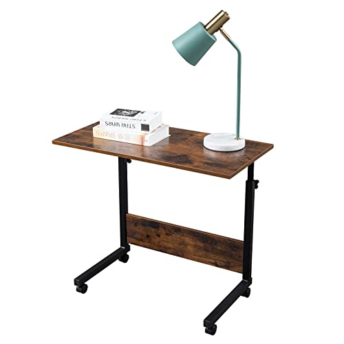 Qxdragon Side Table Height Adjustable Computer Standing Desk With Baffle & Lockable Casters, Portable Movable Workstation Bedside Sofa Desk For Office, Living Room, Bedroom, Retro (31.49 Inch) #TOP1