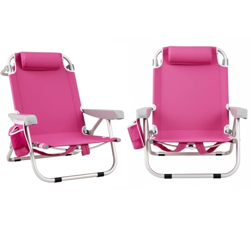 Image of Tangkula Set of 2 Backpack Beach Chair, 5-Position Lightweight Folding Lay Flat Beach Chairs with Storage Bag, 2 Cup Holders, Towel Bar, Backpack Straps