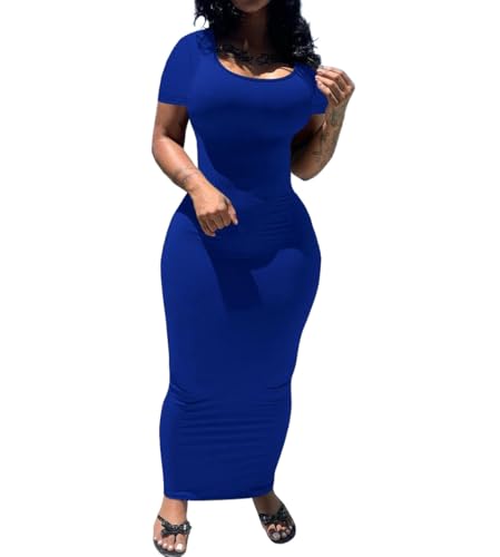 PINSV Women's Casual Bodycon Maxi Dress Summer Scoop Neck Short Sleeve Long Fitted Dresses Club Party Royal Blue XXL