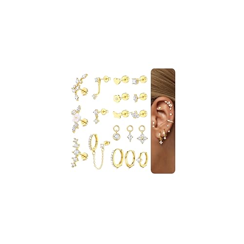 18 PCS Single Cartilage Studs Earrings Women Trendy 14k Gold