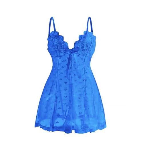 Women's Sheer Lace Babydoll Nightgown, Heart Print, Black, Floral Trim,S-5XL 4X-Large Blue