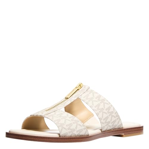 Michael Kors Women's Berkley Flat Sandal, Gold-Tone Hardware, Vanilla, 9.5