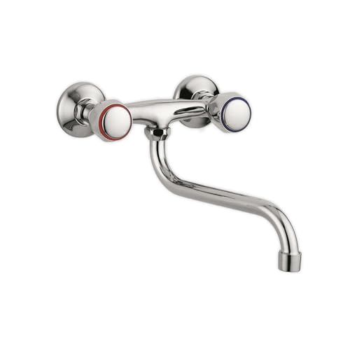 FERROELETTRA Rubinetto da Cucina a Parete GLADY - Gruppo Lavello 2 Manopole - Canna Girevole - Finitura Cromata - Completo di Accessori - 1 Pezzo