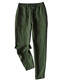 IXIMO Women's Tapered Pants 100% Linen Drawstring Back Elastic Waist Pants Trousers with Pockets (Army Green, M)