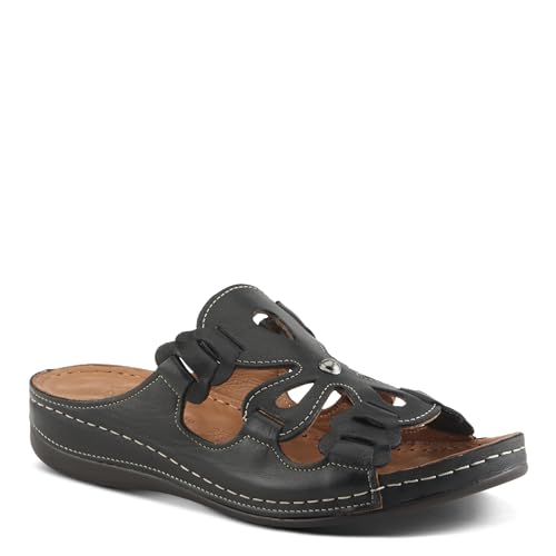 Spring Step Women's MEZERA Genuine Leather Slide Sandal – Flower Cut-Out Design, Contrasting Stitching, Comfortable Footbed2