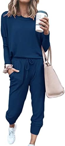 PRETTYGARDEN Women Fall 2 Piece Lounge Outfit Long Sleeve Tops High Waisted Jogger Pants Set Spring Travel Clothes Tracksuit (Dark Blue,Large)