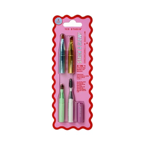 Image of Yes Studio Stack & Glow 4-in-1 Makeup Brush Set – Stacking Travel Makeup Brushes with Spoolie, Smudge Brush, Angled & Tapered, Compact Space-Saving Cosmetic Brush Kit