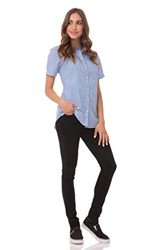 Chef Works Women's Modern Gingham Short Sleeve Dress Shirt, Blue, Medium #TOP2