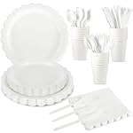175 Pcs White Paper Plates and Napkins, 25 Guest White Party Supplies Include Scalloped Plates Paper Napkin Cup Plastic Spoon Fork Knive for Baby Shower, Wedding, Birthday
