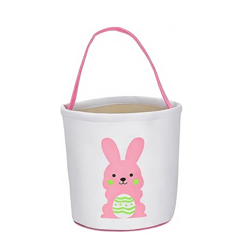 Image of Easter Bunny Basket Bag for Kids, Canvas Cotton Egg Hunt Tote with Rabbit Print, Bunny Gift Bag for Boys and Girls, Lightweight Reusable Candy and Egg Holder, Multiple Colors (bunny Basket - Pink)