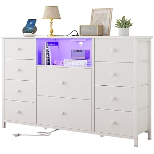 Dresser with Charging Station and LED Lights, White Dresser for Bedroom