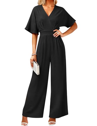LOOKBOHO Womens Jumpsuits Dressy Elegant Batwing Sleeve V Neck One Piece Wide Leg Long Pants Romper Sexy Black S