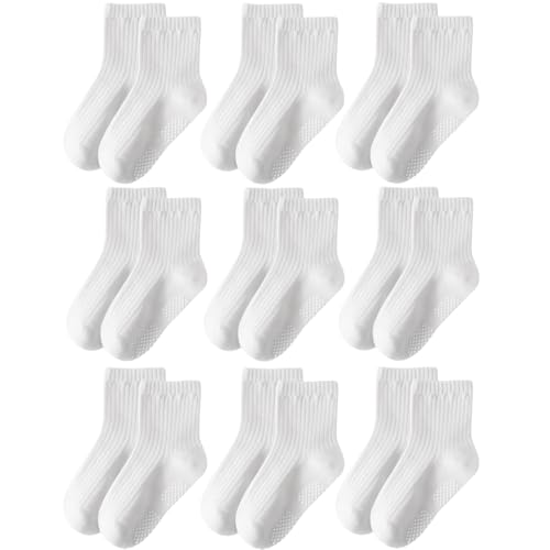 EUFANCE Toddler Grip Socks Non Slip Crew Cute Seamless Cotton Socks for Baby Boys Girls Infants Kids White 9 Pairs