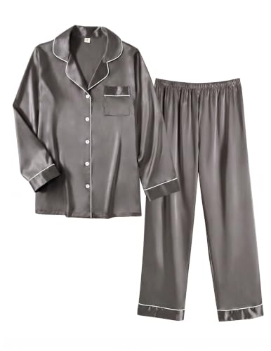 Image of Ekouaer Women Satin Pajamas Set Classic Button Down Long Pjs Set