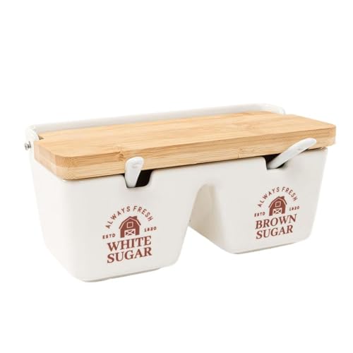 ROCKING GIFTS Zuccheriera Doppia con Cucchiaio Farm House: Ceramica, 19x9 cm, Zucchero, Design Cucina, Ciotola Dolci