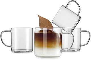 LUXU Glass Coffee Mugs Set of 4,Large Wide Mouth Mocha Hot Beverage Mugs (14oz),Clear Espresso Cups with Handle,Lead-Free Drinking Glassware,Perfect for Latte,Cappuccino,Hot Chocolate,Tea and Juice