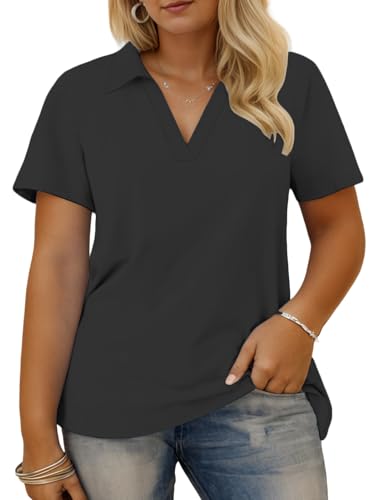 VISLILY Womens Plus Size Tops 3X Casual Short Sleeve Comfy V Neck T Shirts Summer Tuncis Black