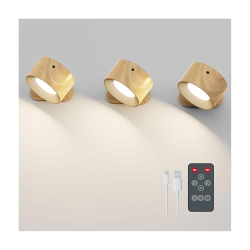 Image of Koopala 3PACK Rechargeable LED Wall Sconce, Cordless Battery with Remote Powered Wall Sconce, 3 Brightness Levels, 360 Swivel Magnetic Shade for Reading Bedside, Wood Grain Color.