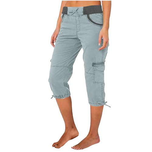 FOCLMP Women High Waisted Cargo Capri Pants Dressy Causal Capris Drawstring Cropped Pants Summer Trendy Clothes 2024 Travel Pants for Women On Plane Plus Size Gray L
