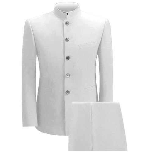 Men's Chinese Suit Stand Collar 2 Pieces Suits Mandarin Solid Slim Fit Formal Traditional Uniform for Wedding （34, White）