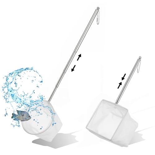 2 Stück Kescher Aquarium, Weiß Kleiner Aquarium Netz Aquarium Fischnetz mit Edelstahl Teleskopstangen Griff zum Fangen von kleinen Fischen und Garnelen und zur Reinigung des Aquariums