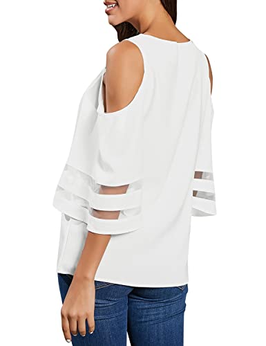 LookbookStore Women's Cold Shoulder Loose Shirt Tops 3/4 Bell Mesh Sleeve Blouse