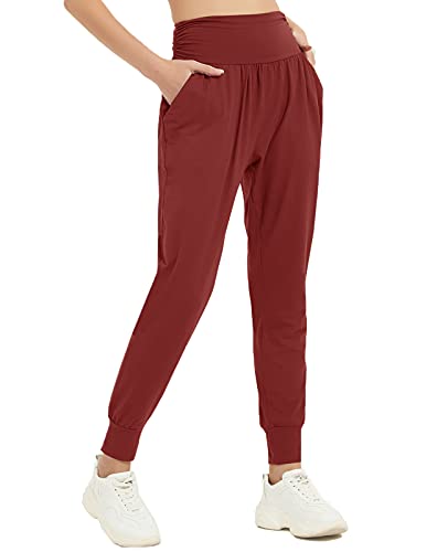 MUMUBREAL Womens Joggers Pants with Pockets High Waisted Yoga Sweatpants Loose Harem Lounge Workout Pants (Wine Red, L)