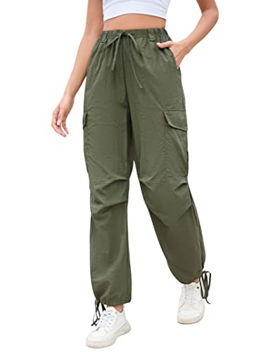 Clearflower Drawstring Cargo Pants For Women Parachute High Waist Lightweight Y2K Loose Pants With Pockets Army Green Xl #TOP5