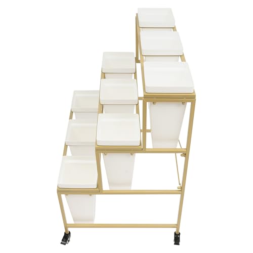 Flower Display Stand Cart With 9 Buckets, 3-Tier Outdoor Flower Cart Ladder Shelf Commercial Iron Decorative Flower Display Stand Metal Moving Bouquet Shelf with Wheels for Flower Shop Patio Garden (Gold, White)