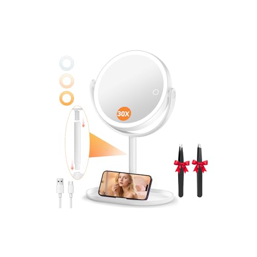 Auxmir Miroir de Maquillage Éclairé 30X/1X avec 3 Couleurs, LED à Intensité Variable, Mirroir Cosmétique avec 2 Commande Tactile, Rotation 360°, Miroir...