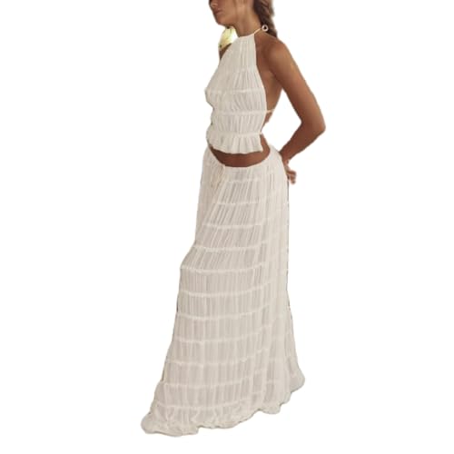 Image of Women Y2K Skirt Set Outfits Strapless Crop Top Bodycon Midi Skirt Dress Sexy 2 Piece Knit Outfits Skirt Summer