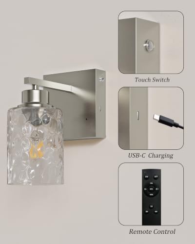 Image of Hammered Glass Wireless Battery Operated Wall Sconces Set of Two Nickel | Dimmable Rechargeable Wall Lights with Remote Timer, Easy Install Lamp for Living Room Bedroom, Emergency 3000K