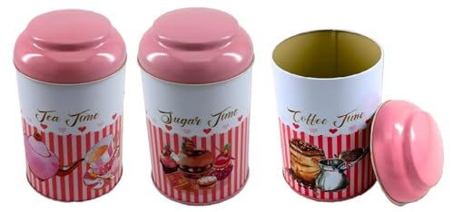 Nobel Retro Set of 3 Stainless Steel PINK Tea Coffee Sugar Jar Canisters Kitchen Container Tins Storage Organiser Set Air Tight Morden Design (PINK - ROUND)
