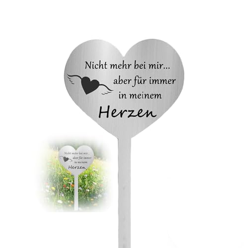 Iirlvior Grabstecker Metall Herz, Grabschmuck Wetterfest Grabdeko, Grabdekoration Edelstahl, mit Spruch Nicht mehr bei Mir Aber für Immer in Meinem Herzen, für Friedhöfe und Gedenkstätten, 28 x 12 cm