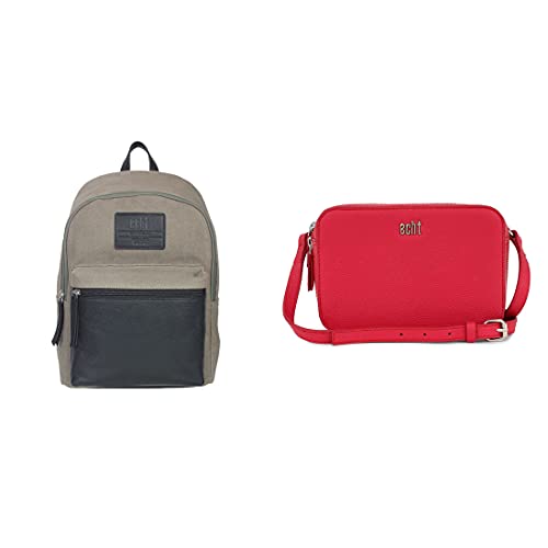 ECHT Genuine Leather & Canvas Grey And Red Backpack & Sling Bag (COMBO2490)