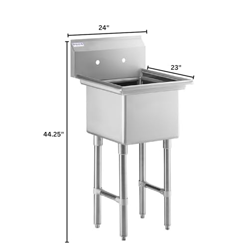 Image of Empura 24 inch Wide Stainless Steel One Compartment Commercial Sink | Prep Utility 18 x 18 Bowl for Restaurant Laundry Garage | 3.5 inch Drain Basket, 9.75 inch Backsplash, 23.5 inchW x 23 inchD x 44.25 inchH, 16 Gauge, NSF