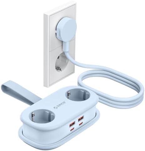 ORICO AP3 65W GaN PD Reise Steckdosenleiste USB‑C Blau | 2‑fach Schuko, 2x USB-A & 2x USB‑C, GaN Technologie, 2500W, 1,6 m Verlängerungskabel, platzsparend für Reisen, Zuhause & Bü