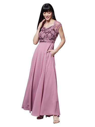 Image of Miss Chase Women's V-Neck Full Sleeve Self Design Lace-Overlaid Georgette Maxi Dress