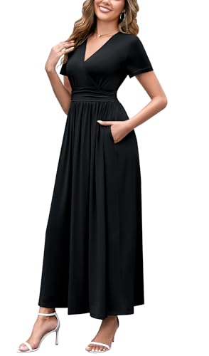 WEACZZY 2025 Summer Long Dresses for Women Wrap Empire Pleated Waist V Neck Short Sleeve Elegant Maxi Dress with Pockets3