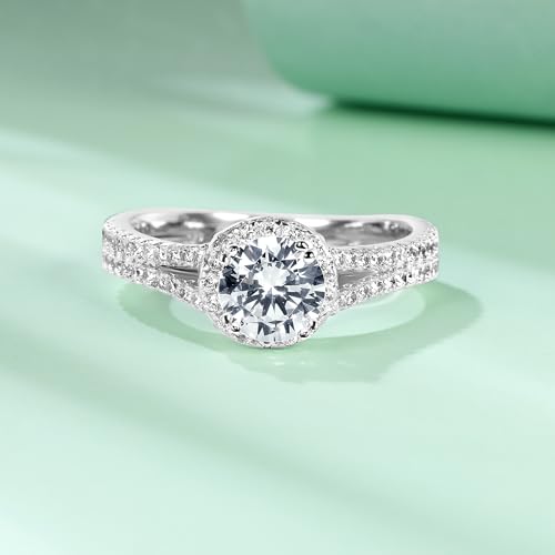 TIKJE 18K White Gold Plated Round Cut CZ Halo Engagement Ring, Split Shank Design Fake Diamond Promise Wedding Band Jewelry Gift for Her Size 6-92
