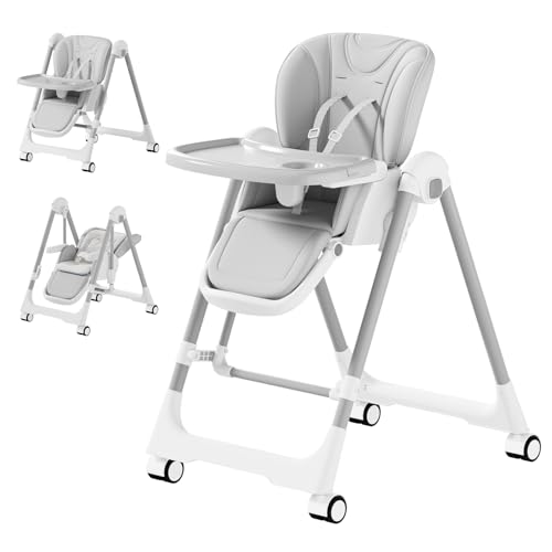 3-in-1 High Chairs for Babies and Toddlers, Foldable Baby High Chair with Rocking Mode, 5 Height Levels, Adjustable Backrest & Footrest, Lockable Wheels (Grey)